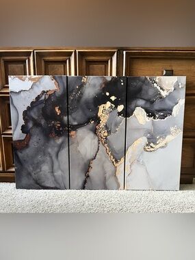 Abstract Contemporary Three Panel Canvas Print in Black, Gray + Gold